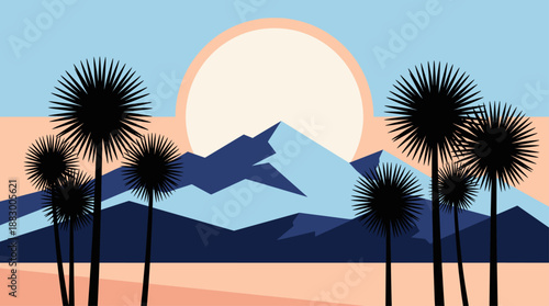 Minimalist Vector Illustration of a Desert Mountain Landscape with Palm Tree Silhouettes