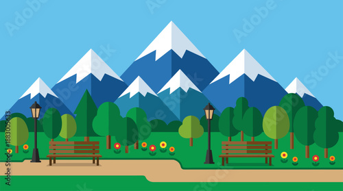 Peaceful Nature Park Landscape with Snow Capped Mountains Vector Illustration Flat Design