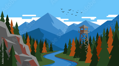 Flat Design Vector Illustration of a Mountain Forest Landscape with River and Lookout Tower