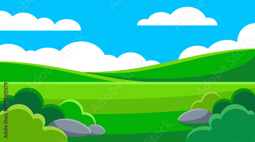 Flat Design Vector Illustration of a Bright Green Landscape with Rolling Hills and Blue Sky