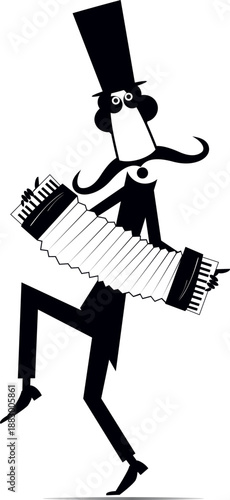 Musician man in the top hat playing accordion and singing