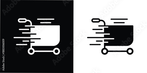 This silhouette icon illustrates a shopping cart in motion, enhanced with dynamic speed lines to clearly represent fast shopping, instant checkout, or flash sale activity