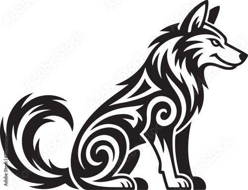 Black and White Sitting Wolf Tribal Vector Illustration