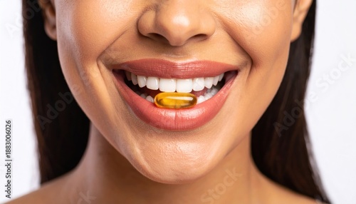 Woman Taking Omega-3 Fish Oil Supplement Capsule