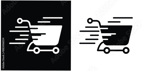 This silhouette icon illustrates a shopping cart in motion, enhanced with dynamic speed lines to clearly represent fast shopping, instant checkout, or flash sale activity
