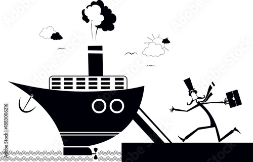 Cartoon man hurries to board the ship