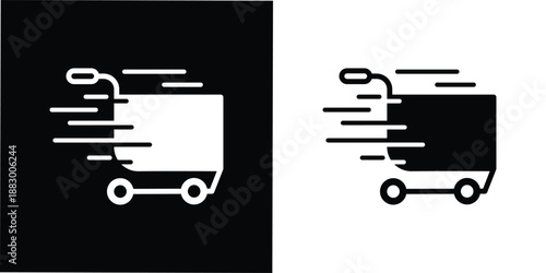 This silhouette icon illustrates a shopping cart in motion, enhanced with dynamic speed lines to clearly represent fast shopping, instant checkout, or flash sale activity