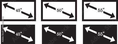 smart tv screen sizes icon set. 32, 35, 40, 45, 50, inches. Screen Symbol. Computer monitor. Screen inches size. High resolution. Isolated vector. Computer monitor. Screen inches size