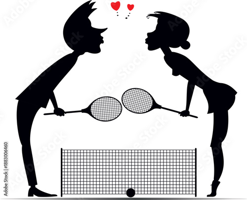Tennis court. Man and woman fall in love. Black on white 
