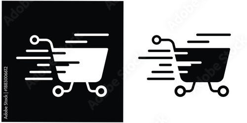 This silhouette icon illustrates a shopping cart in motion, enhanced with dynamic speed lines to clearly represent fast shopping, instant checkout, or flash sale activity