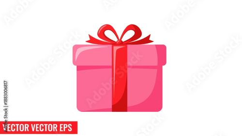 Pink Gift Box with Red Ribbon, Vector Illustration