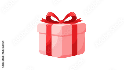 Pink Gift Box with Red Ribbon and Bow, Isolated on White Background