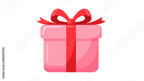 Pink Gift Box with Red Ribbon and Bow, Isolated on White Background