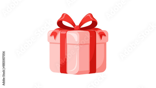 Pink Gift Box with Red Ribbon and Bow, Isolated on White Background, Celebration Present