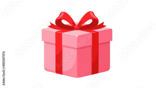 Pink Gift Box with Red Ribbon and Bow, Isolated on White Background