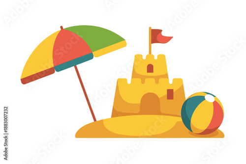 Colorful Beach Scene with Sandcastle, Umbrella, and Beach Ball on Sunny Day