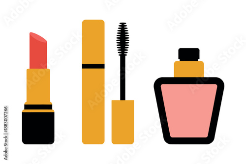 Cosmetic products, lipstick, mascara, perfume, makeup, beauty items, illustration
