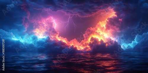 Dramatic stormy sky with lightning over dark ocean waves thunder clouds