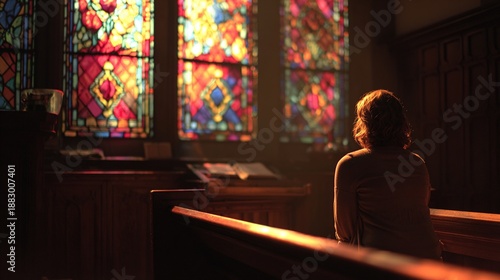pew. Peaceful church interior with warm stained glass light, single person in prayer, atmospheric setting. event programs, museum guides, designed for cultural heritage projects and event programs.