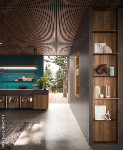 Modern luxury kitchen interior in minimal scandinavian style, 3d render