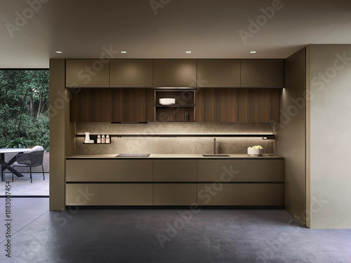 Modern luxury kitchen interior in minimal scandinavian style, 3d render