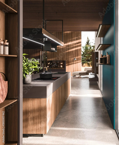 Modern luxury kitchen interior in minimal scandinavian style, 3d render