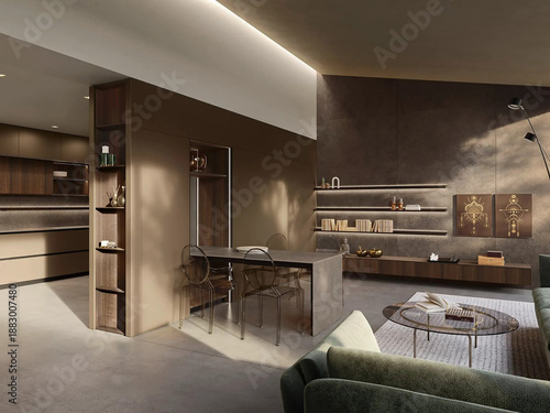 Modern luxury kitchen interior in minimal scandinavian style, 3d render