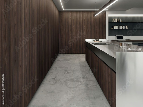 Modern luxury kitchen interior in minimal scandinavian style, 3d render