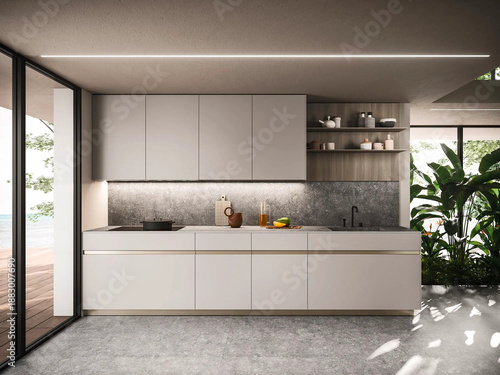 Modern luxury kitchen interior in minimal scandinavian style, 3d render
