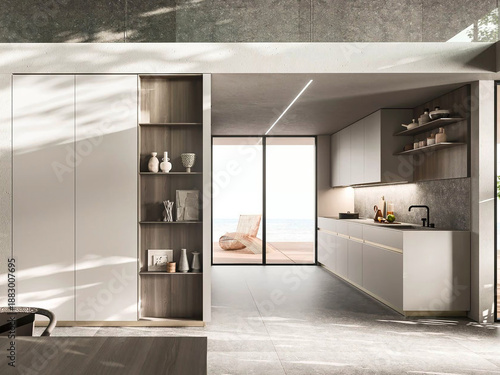 Modern luxury kitchen interior in minimal scandinavian style, 3d render