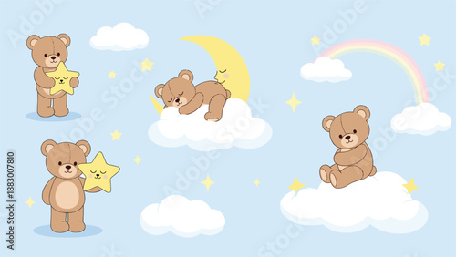 Beautiful collection of tiny brown teddy bears sleeping on clouds and playing with stars under a pastel rainbow.
