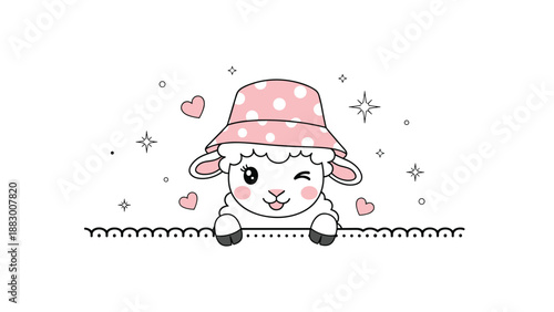 Sweet little white sheep wearing a pink polka dot bucket hat winks while peeking over a decorative white border.