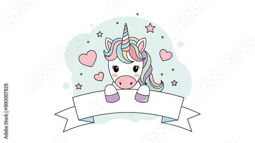 Adorable white unicorn with a colorful mane peeks over a blank white banner decorated with hearts and golden stars.