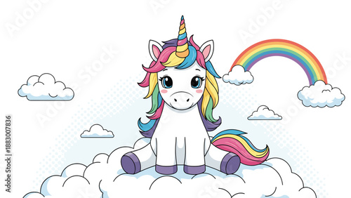 Cute little unicorn with a vibrant rainbow mane and golden horn sits on a cloud under a colorful rainbow in the sky.