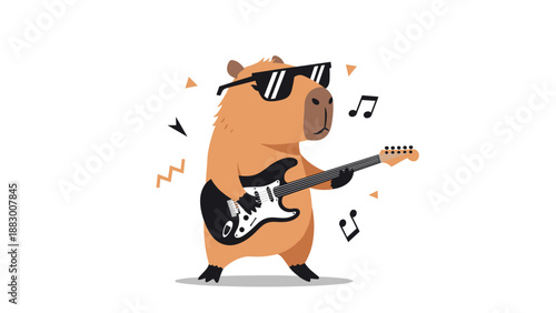 Cool capybara character wearing dark sunglasses plays a black electric guitar surrounded by musical notes and shapes.