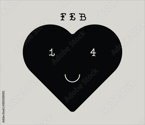 Heart with 14 february inscription. Black and white trendy valentine vector illustration.