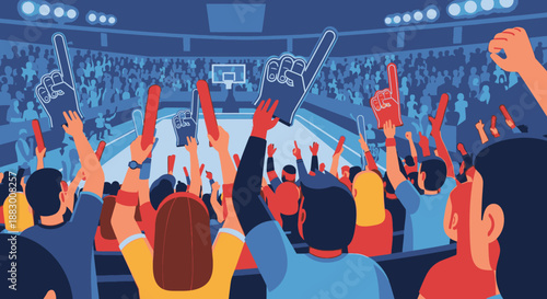 Excited crowd cheering at a sports event in a packed stadium from behind