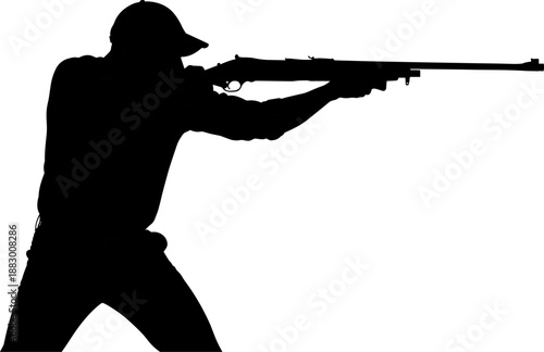 Vector illustration of rifle shooter icon in silhouette with cap, standing posture, and forward aiming gesture