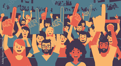 Crowd of people cheering and holding signs in a stadium from a high angle viewpoint