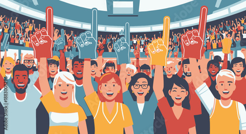 Crowd of diverse people cheering at a sports event, waving foam fingers and signs in a lively stadium atmosphere