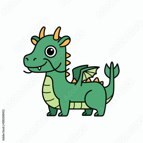 Cute cartoon green dragon illustration, a mythical creature with wings and horns, perfect for fantasy themes