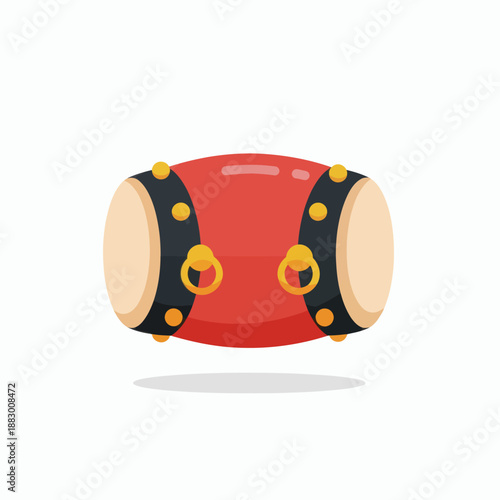 Vibrant traditional drum illustration with golden accents, a cheerful musical instrument symbolizing rhythm and cultural celebration, isolated on a white background