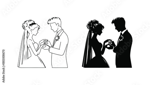 A colorful illustration of a wedding couple exchanging vows in different styles