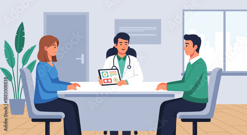 Consultation between doctor and couple in medical office for healthcare and wellness marketing