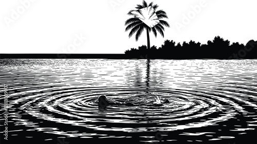 Black and white tropical island landscape silhouette, serene water ripples with person swimming in lake, palm tree and forest nature scene, isolated