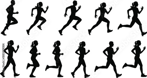 Vector illustration of running cycle icon set with ten silhouette figures showing motion phases with and without ponytail