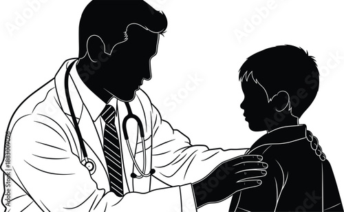Black and white vector illustration of a pediatrician examining a young boy, medical checkup and child healthcare consultation in a clinic, isolated, professional