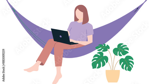 A woman relaxing in a purple hammock while working on her laptop computer outside