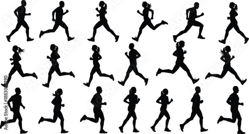 Vector illustration of running icon grid with multiple silhouette figures in varied athletic postures and motion styles