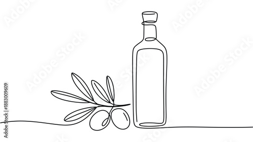 minimal line art olive oil bottle with olives illustration, simple outline healthy cooking ingredient concept, modern hand drawn food design isolated
